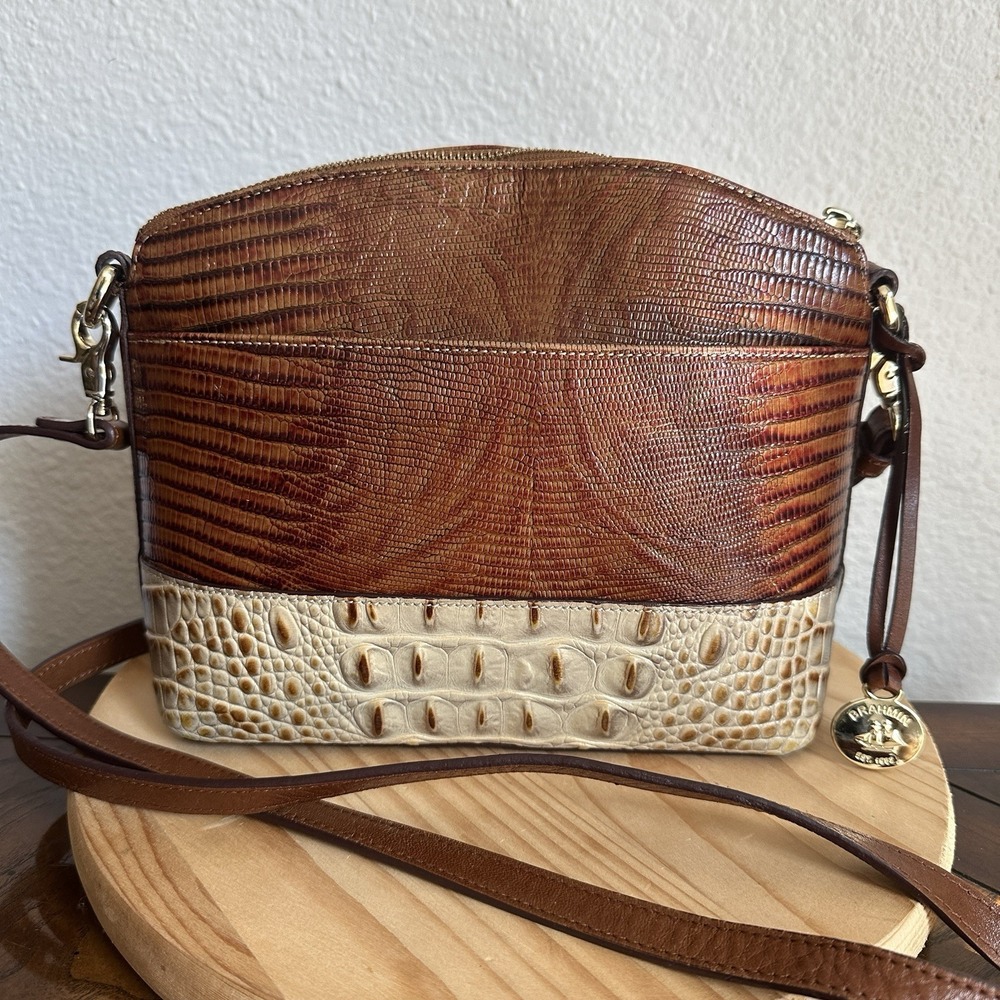 Brahmin Mini Duxbury Crossbody Bag Leather Lizard Croc Brown Cream Dome Purse